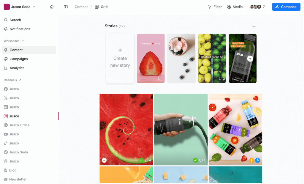 Jusco Soda’s Instagram grid layout showing vibrant product visuals, a content strategy tip on how to get more followers on Instagram.