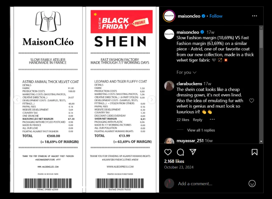 Maison Cleo's IG post with a side-by-side price comparison of MaisonCléo's slow fashion coat and Shein's fast fashion version, emphasizing cost transparency and ethics.