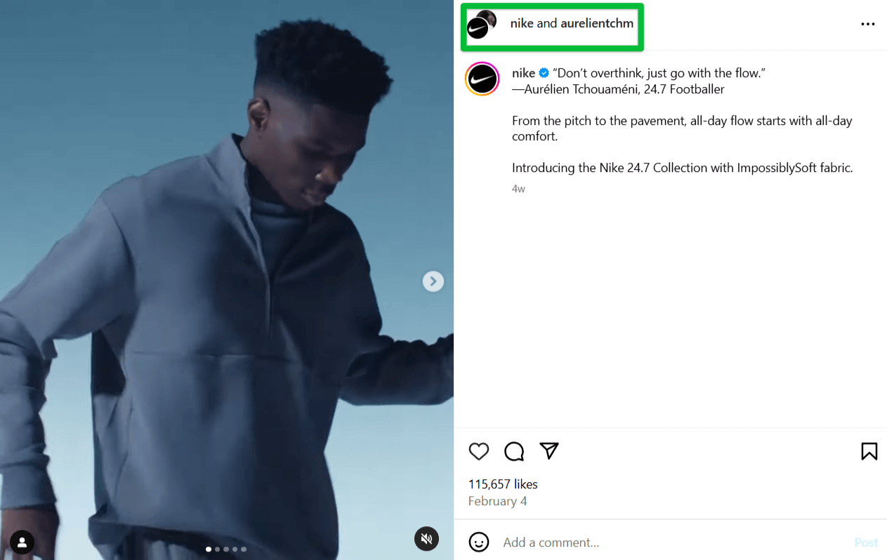 Nike uses Instagram Collab posts with Aurélien Tchouaméni to boost reach, showing how to get more followers on Instagram via partnerships.