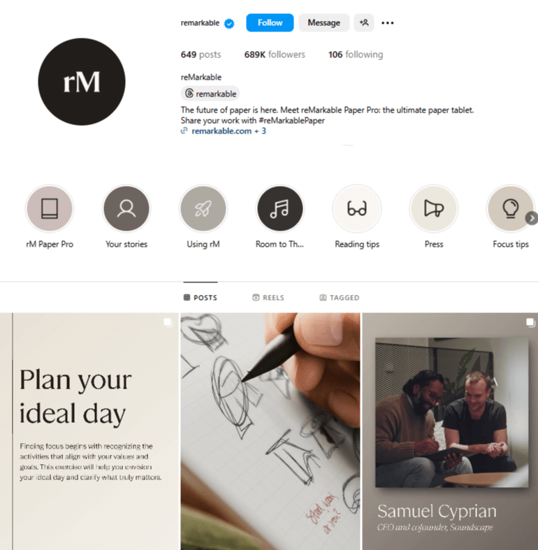  reMarkable’s Instagram shows how to get more followers on Instagram using branded highlights, niche content, and clean visuals.