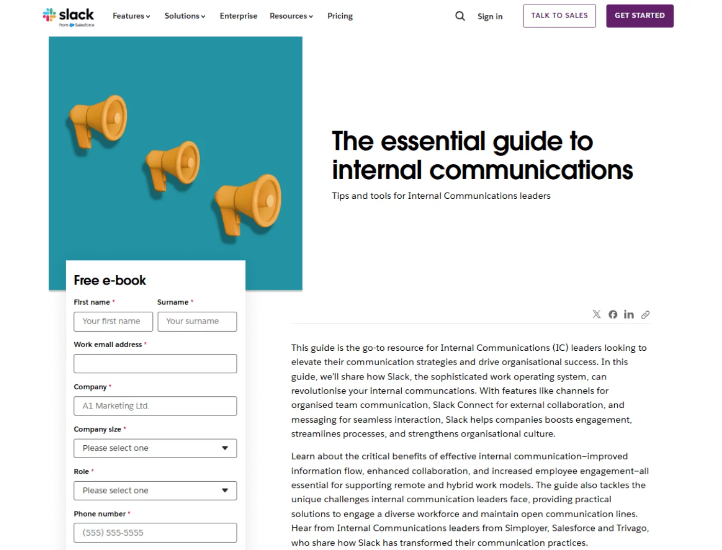 A Slack webpage promoting a free e-book on internal communications strategies for business leaders.