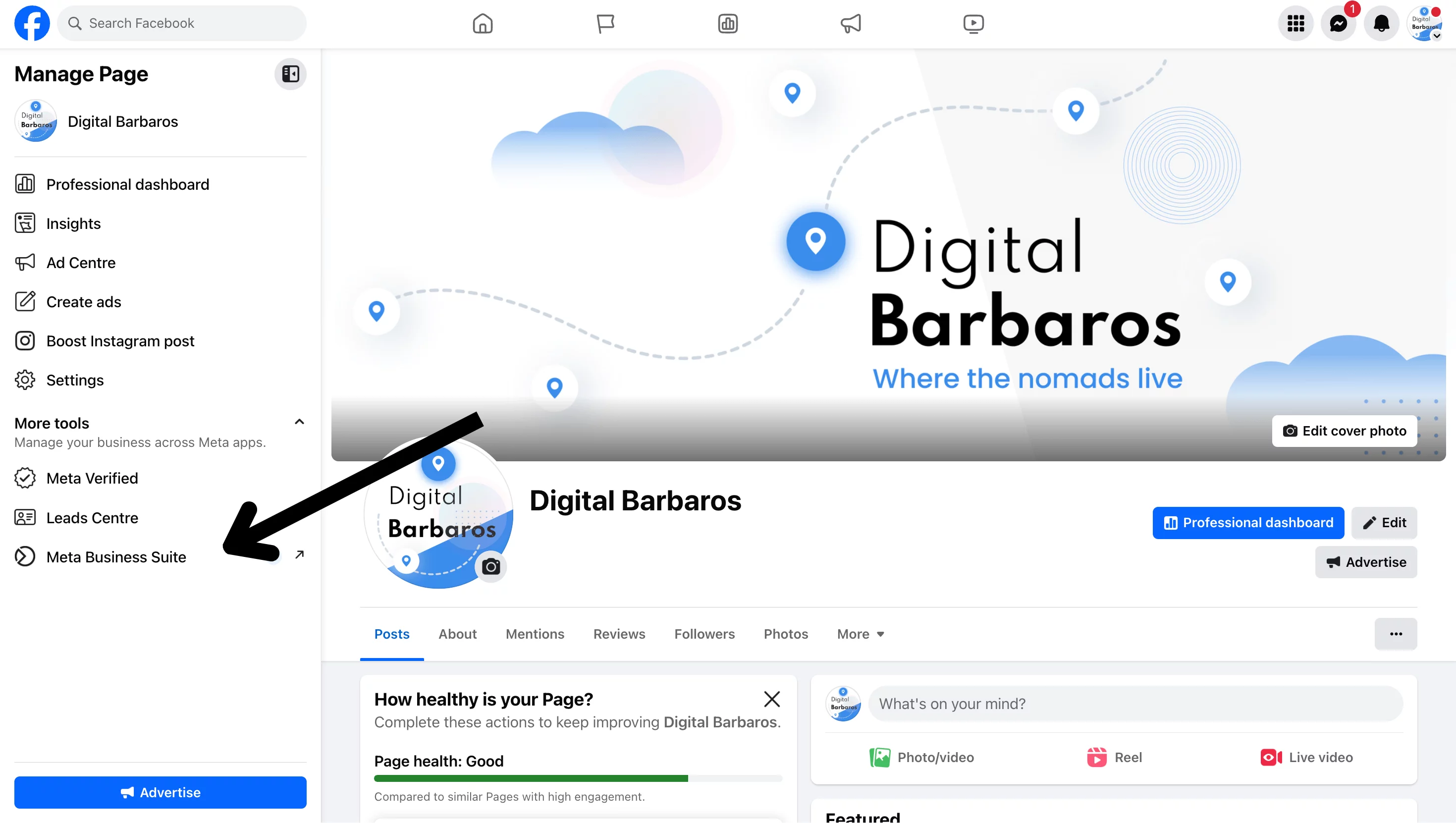 Meta Business Suite desktop interface with Facebook carousel post option selected in content creation menu