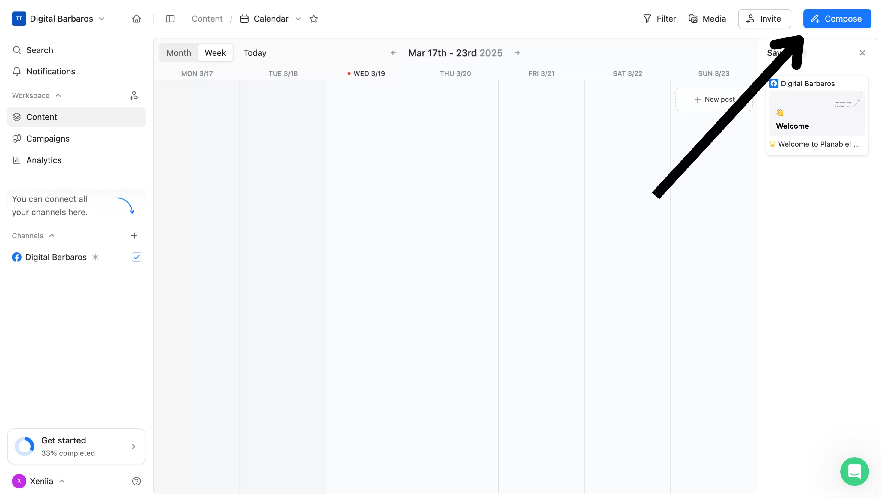 Planable desktop dashboard showing the first step of creating a Facebook carousel by selecting post type