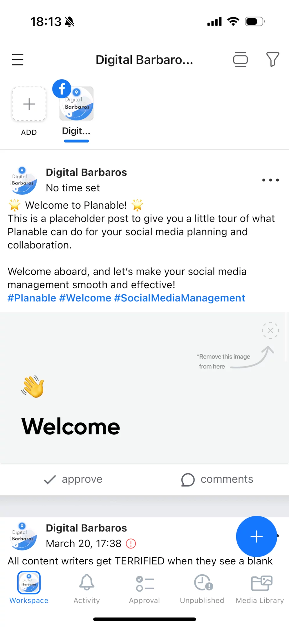 Workspace of Planable mobile app before posting a facebook carousel post