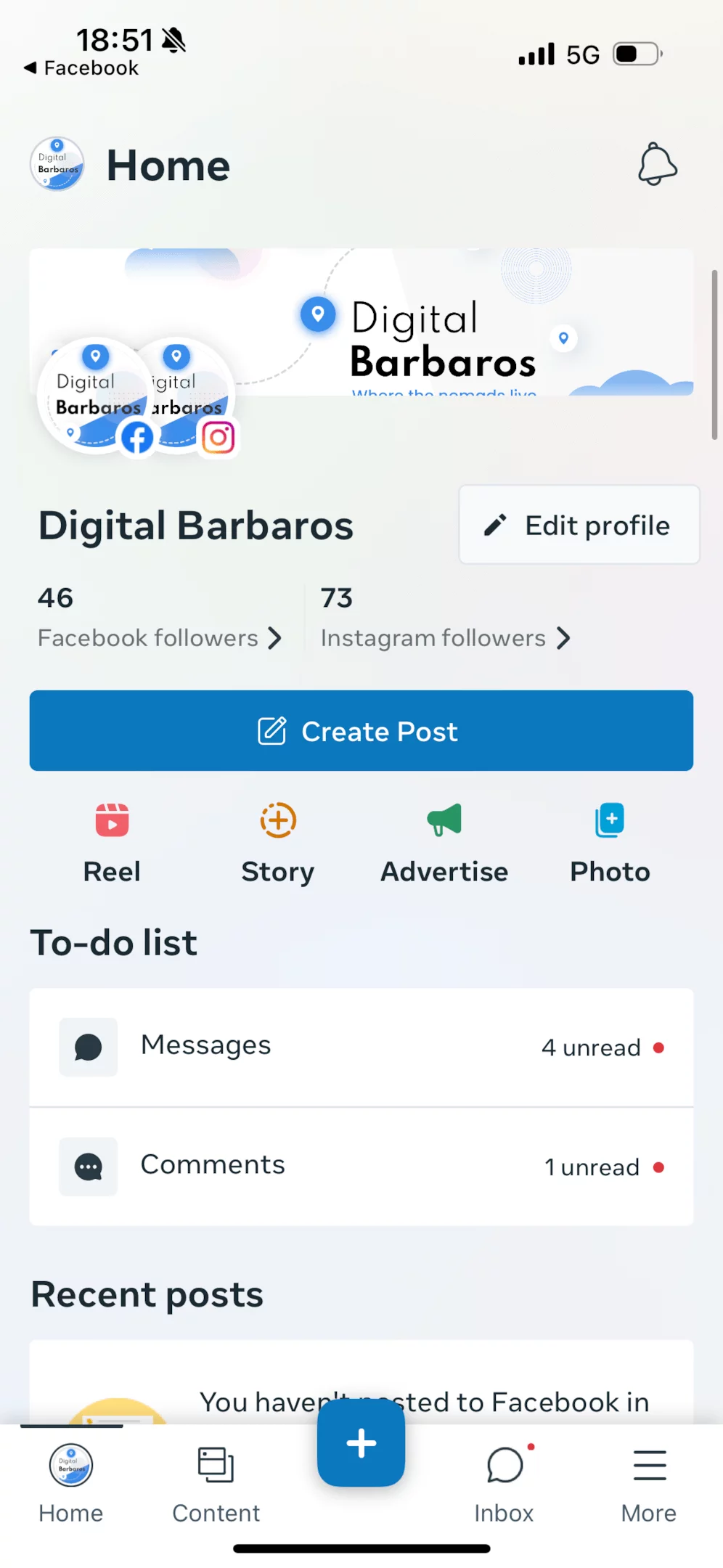 Meta Business Suite mobile app displaying input fields to add media and text for Facebook carousel post