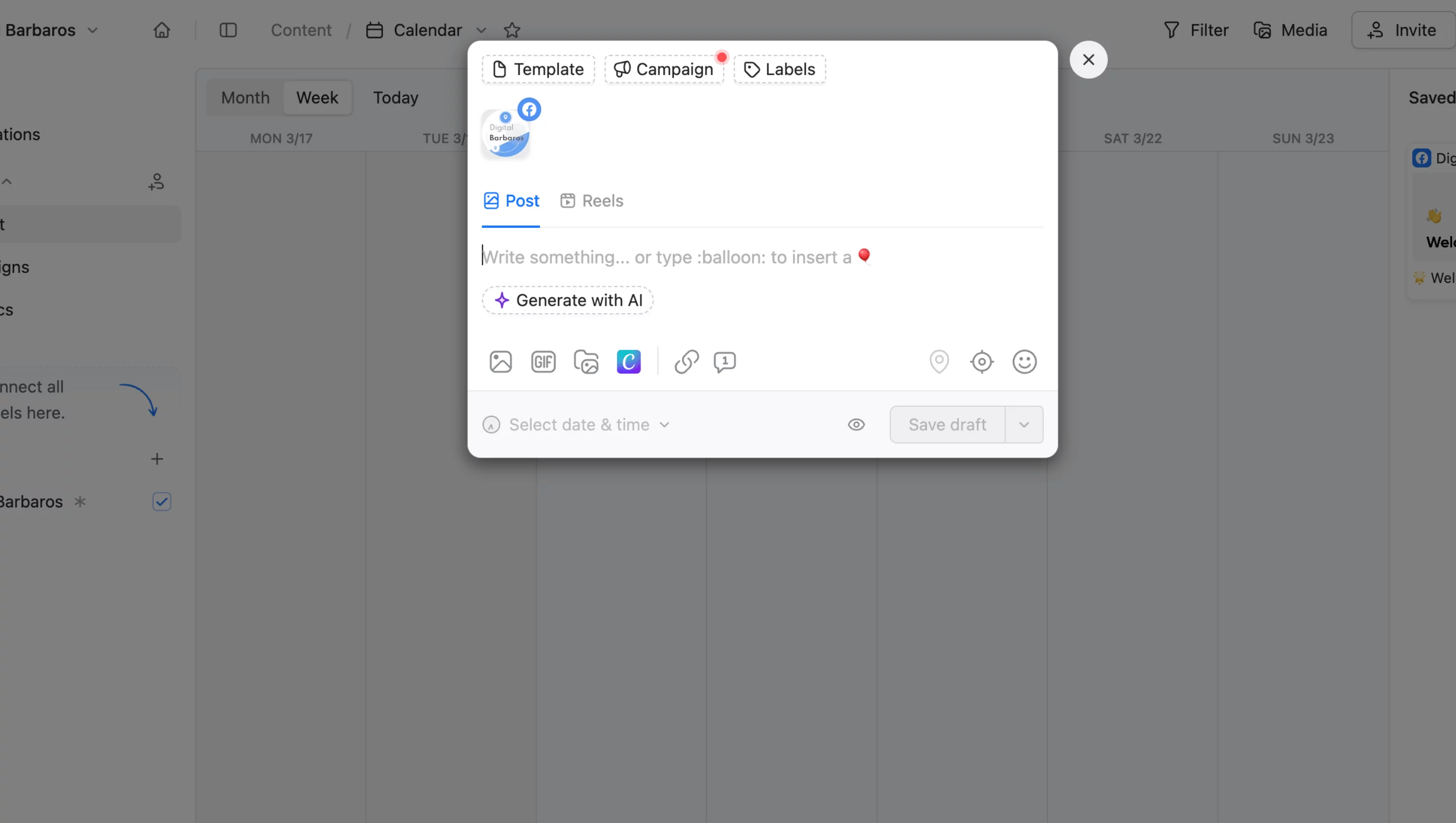 Planable desktop showing media upload and caption fields for customizing Facebook carousel post