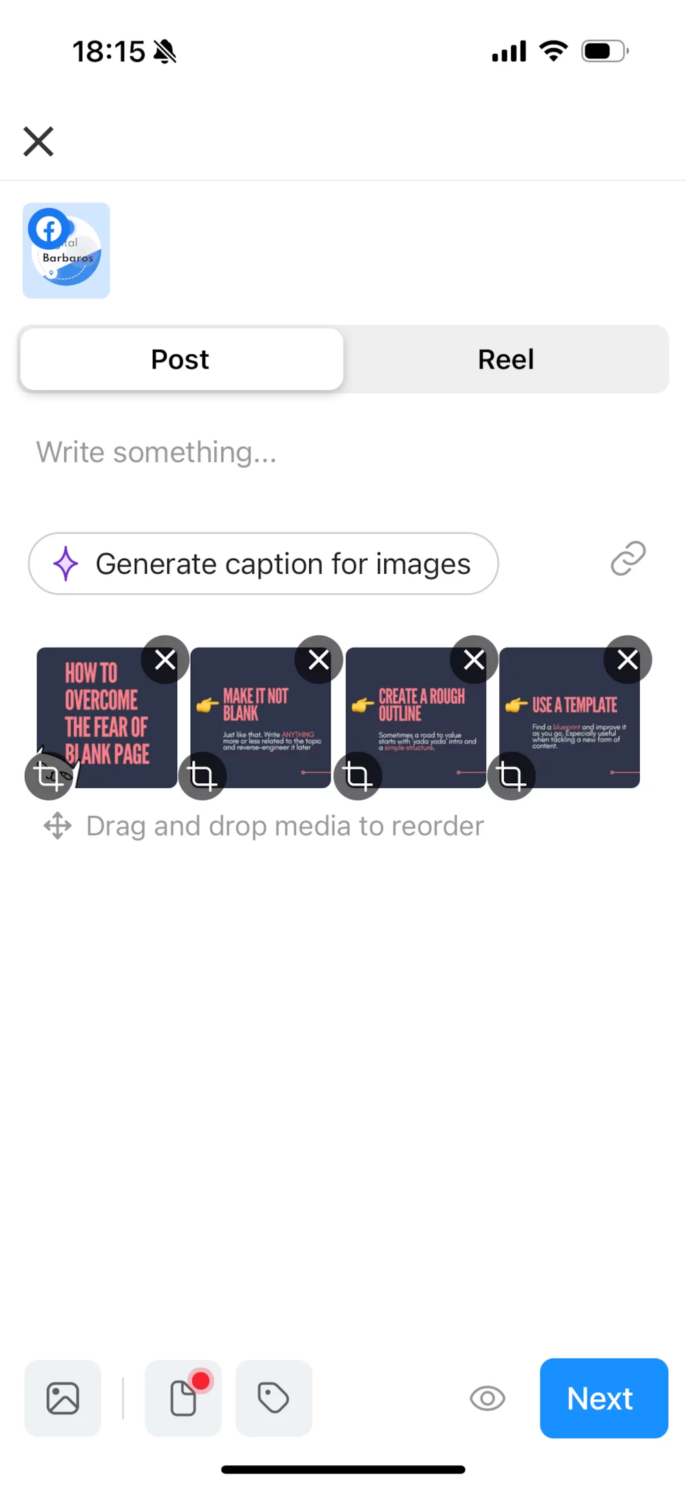 Planable mobile app showing media upload and text entry options for Facebook carousel post creation