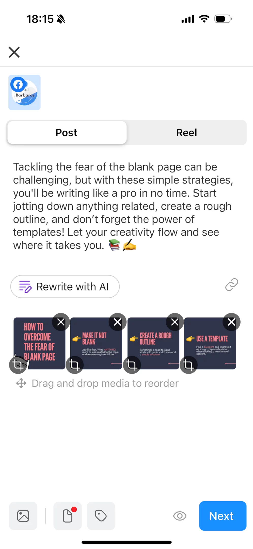 Planable mobile app showing Facebook carousel preview with editing and reordering options for each card