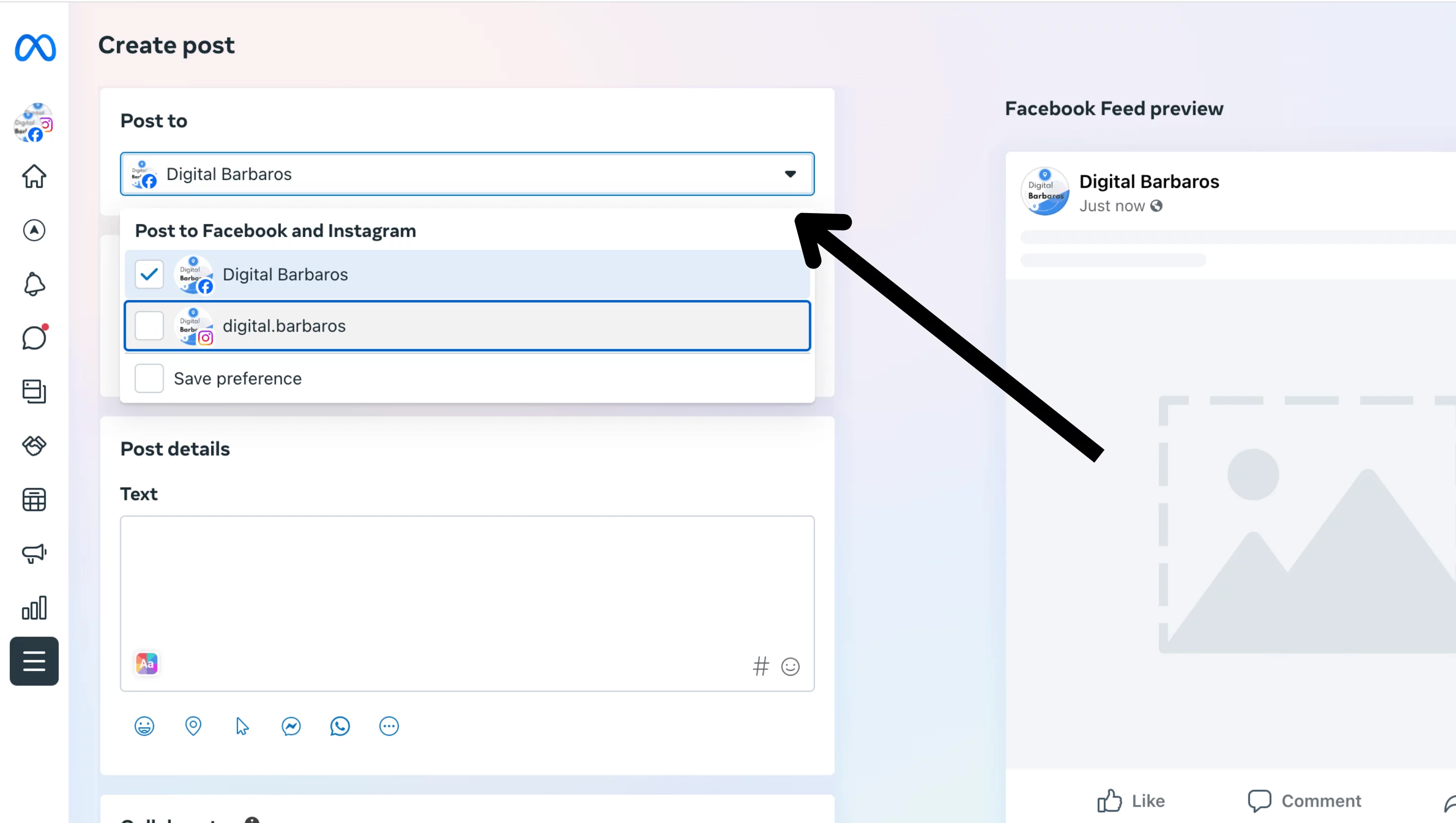 Meta Business Suite desktop view showing preview of completed Facebook carousel with schedule and publish options