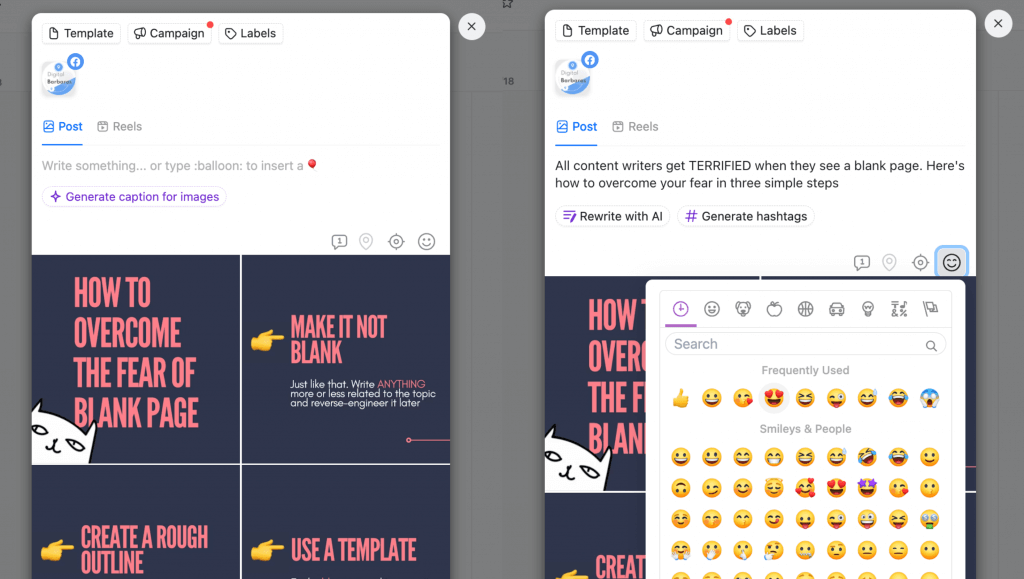 Planable desktop interface showing final Facebook carousel preview with options to improve your content