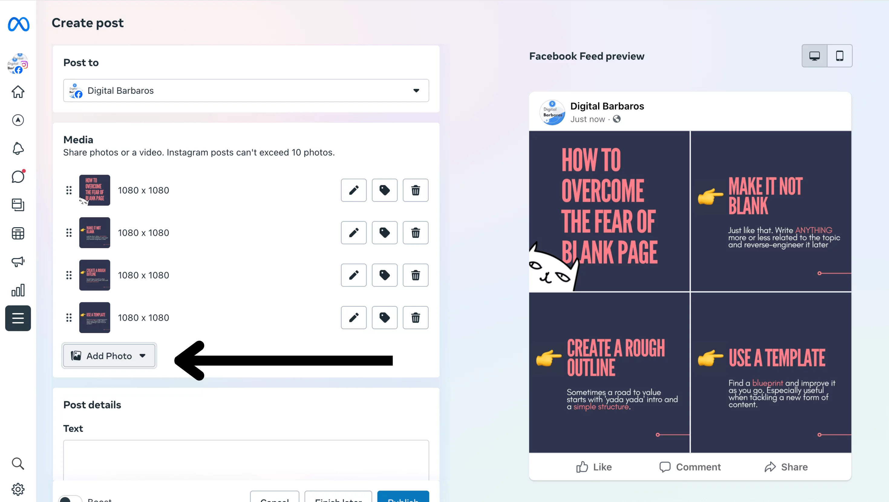 Meta Business Suite desktop interface highlighting the add photos button to finalize Facebook carousel post
