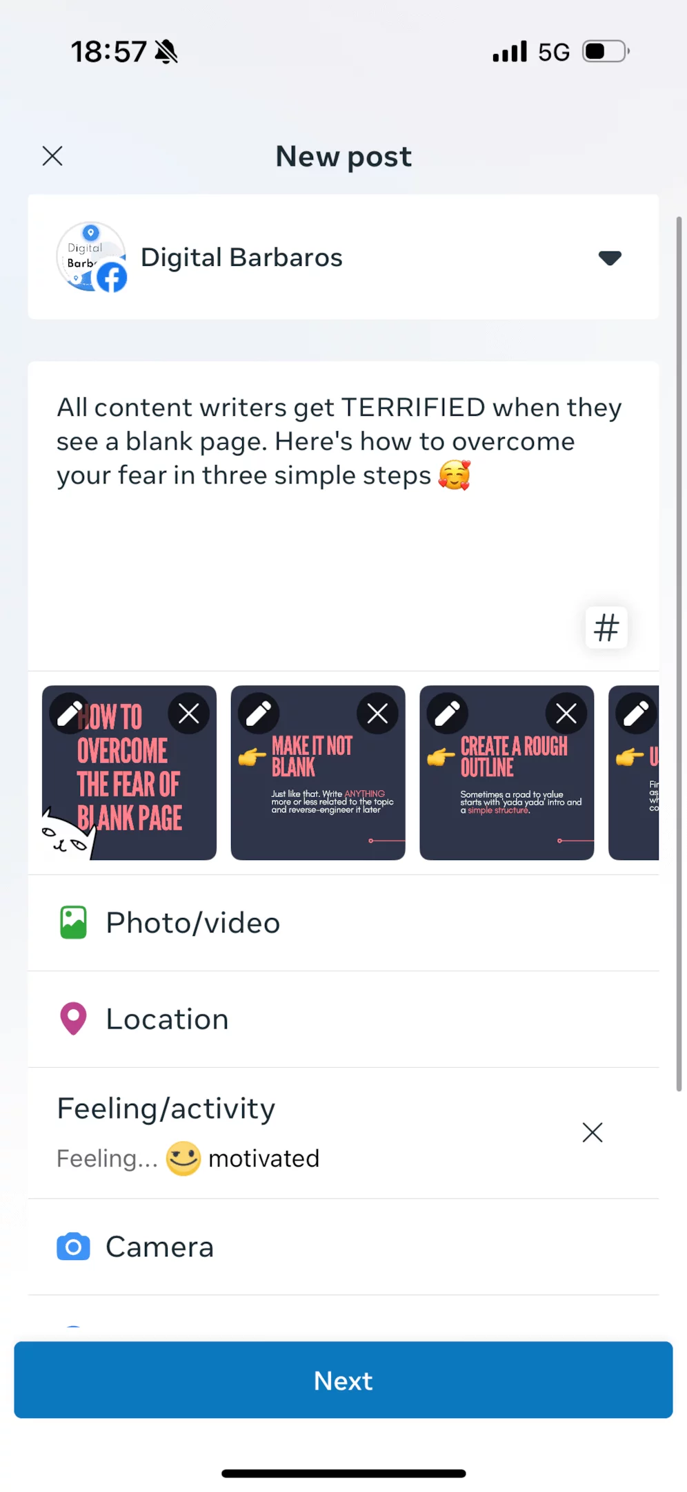 Post details overview in Meta Business Suite mobile app during Facebook carousel post setup.