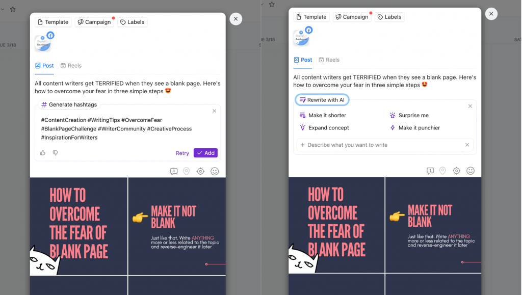 Planable desktop view showing the interface to generate content with ai for the Facebook carousel post
