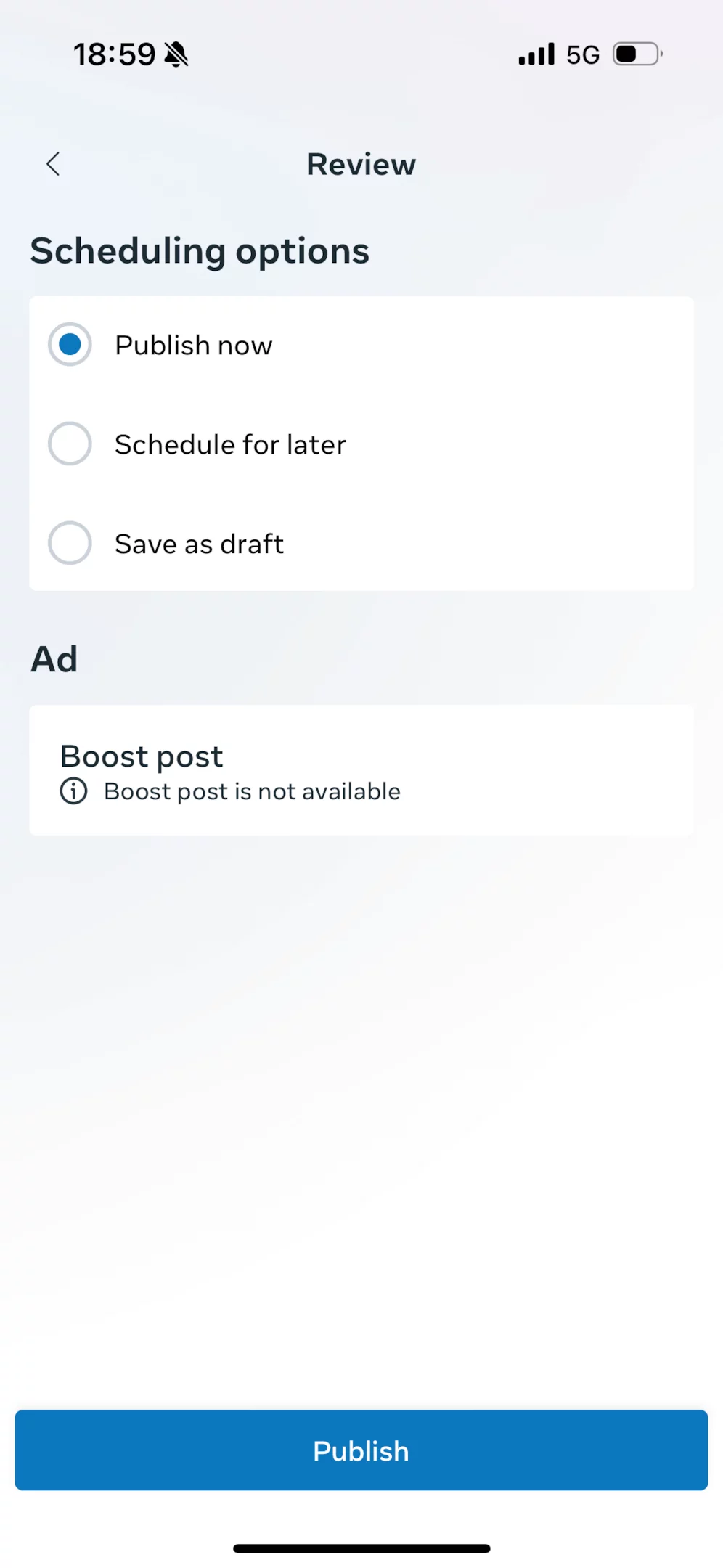 Meta Business Suite mobile app displaying scheduled Facebook carousel post with confirmation details