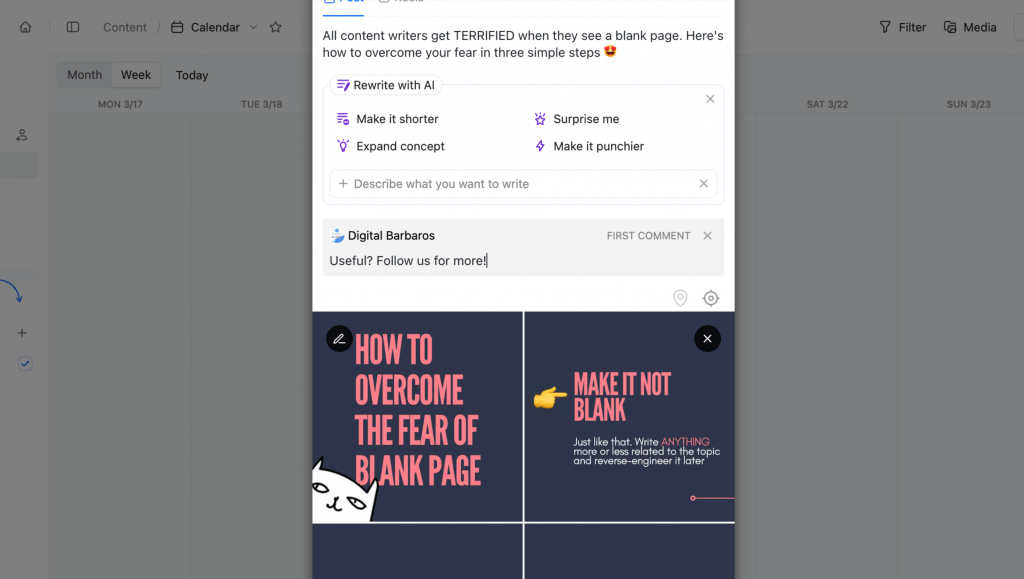 Planable desktop showing Facebook carousel´s first comment for boosting your post