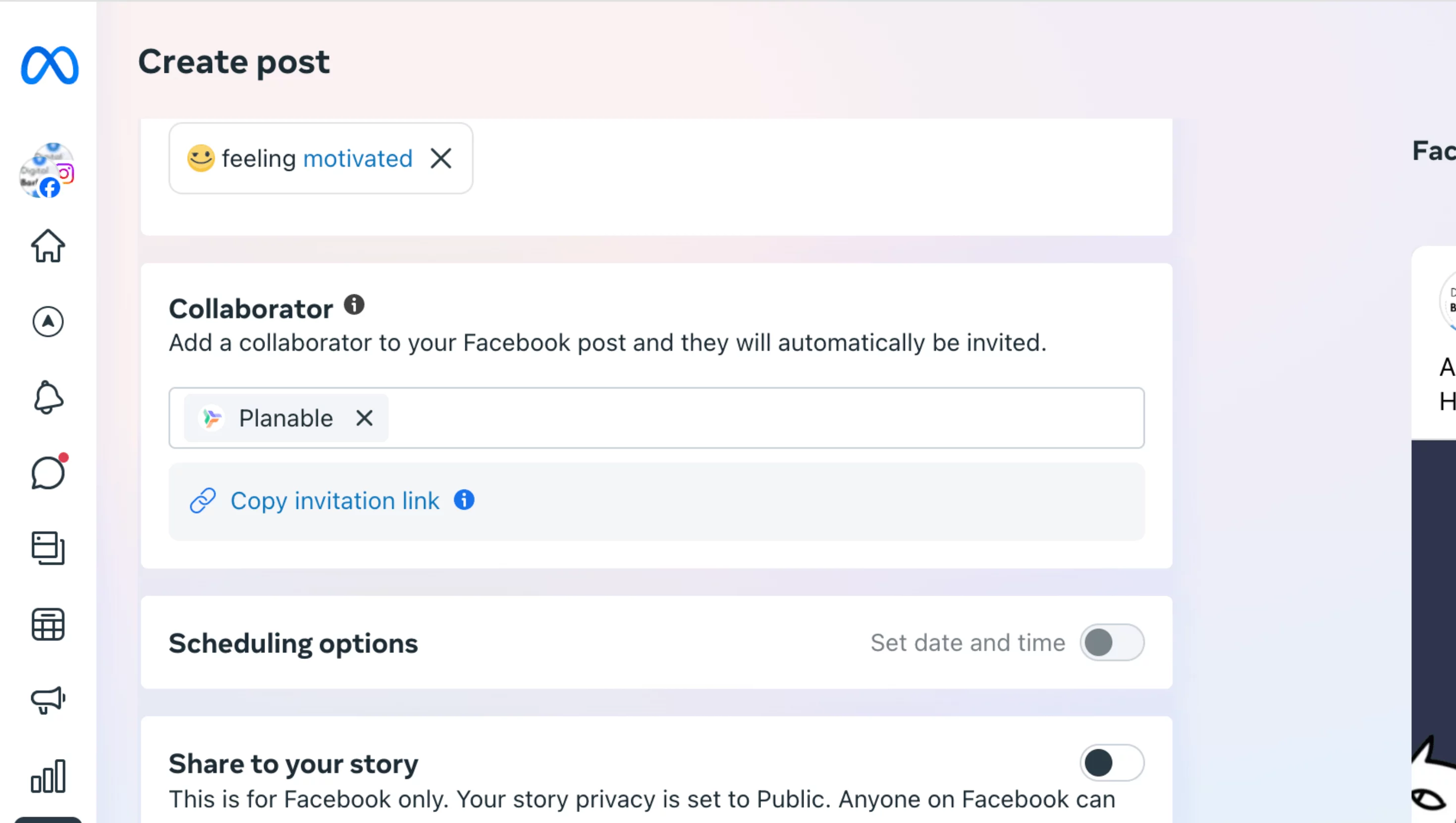 Meta Business Suite desktop showing how to add a collaborator to your facebook carousel