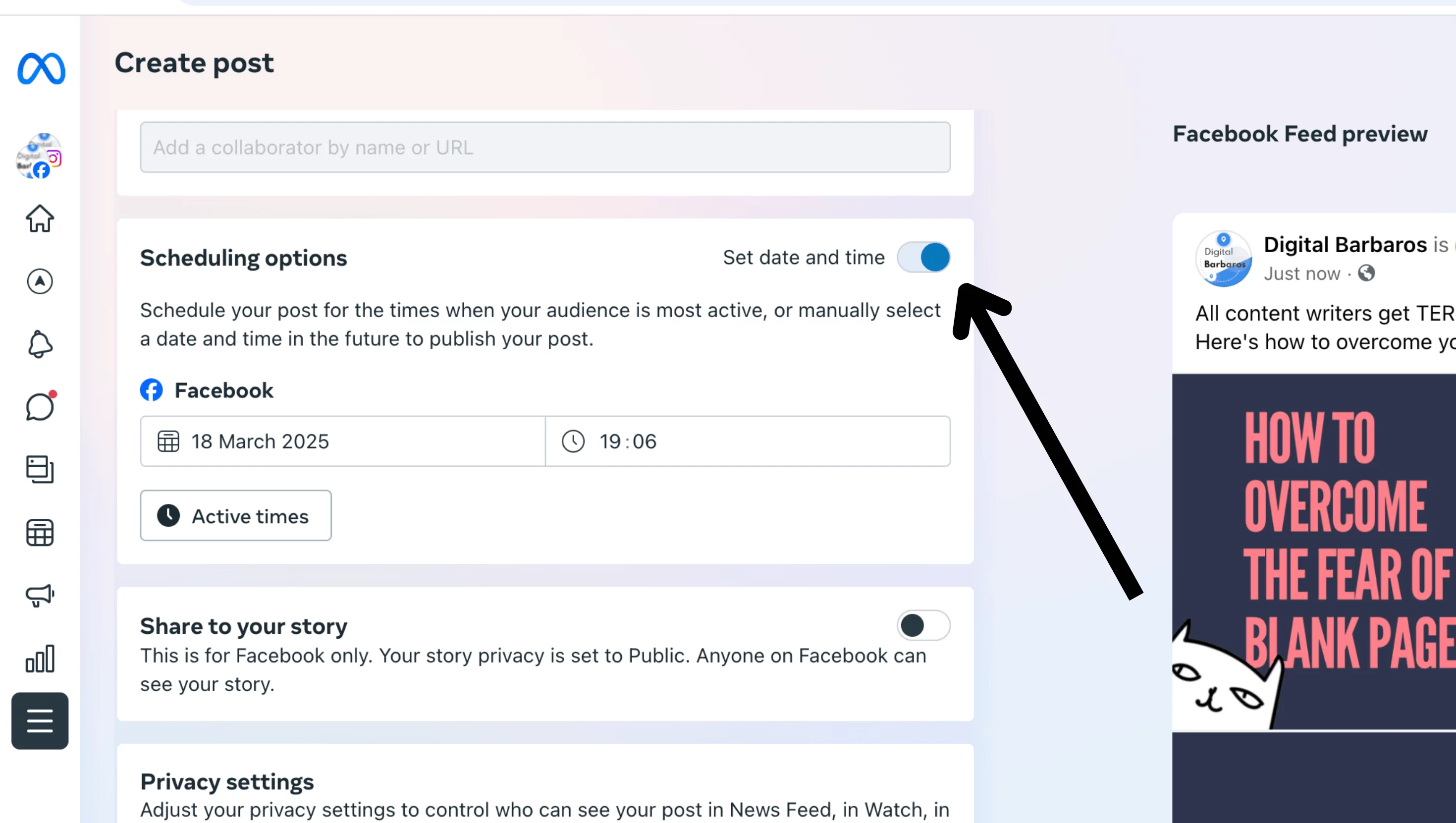 Meta Business Suite desktop displaying insights for scheduling your Facebook carousel post