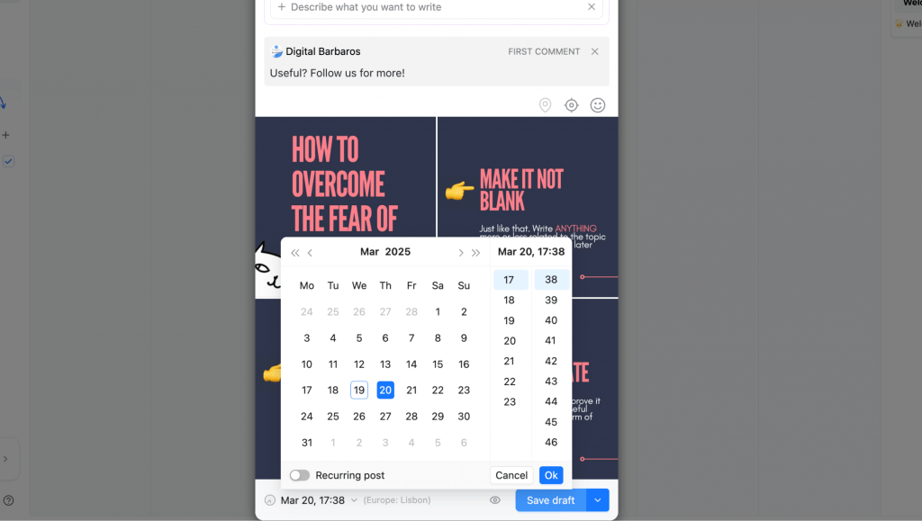 Planable desktop showing content calendar view with scheduled Facebook carousel post visible on timeline