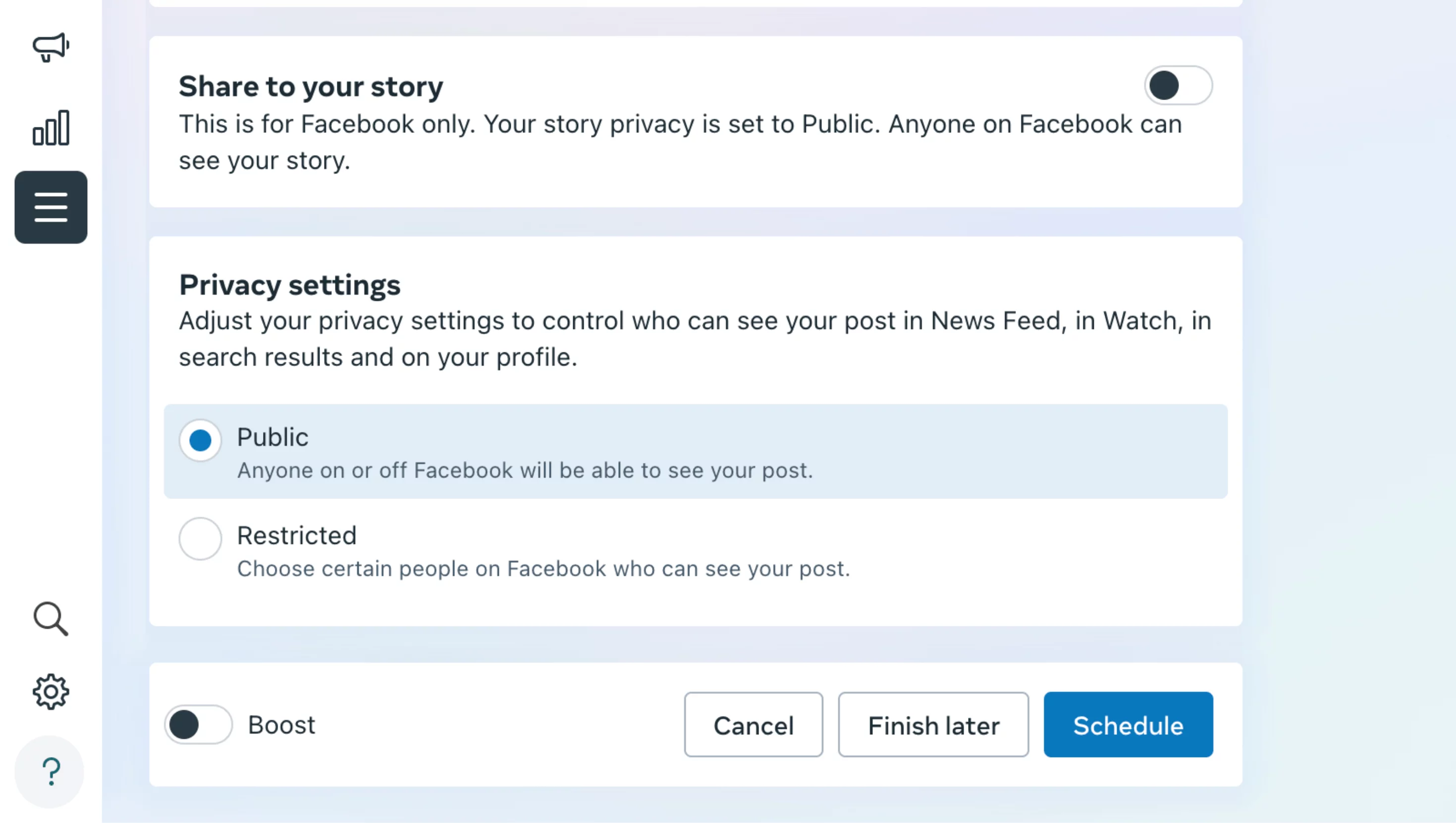 Meta Business Suite desktop showing detailed privacy settings in a Facebook carousel post