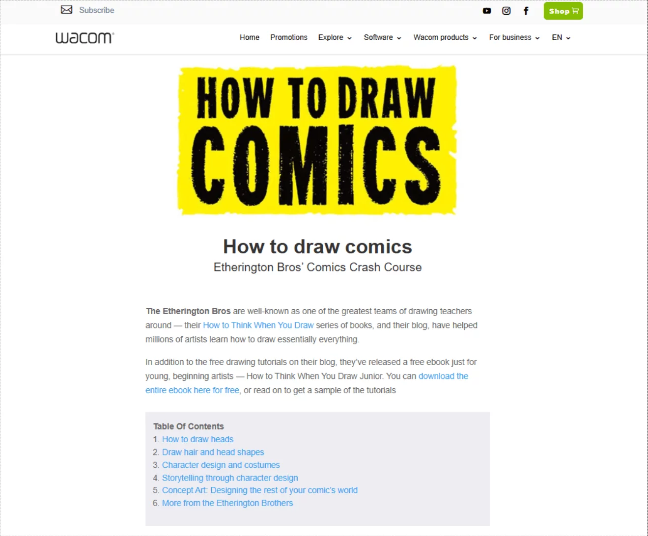 A Wacom blog post featuring "How to Draw Comics" by the Etherington Bros, with free drawing tutorials.