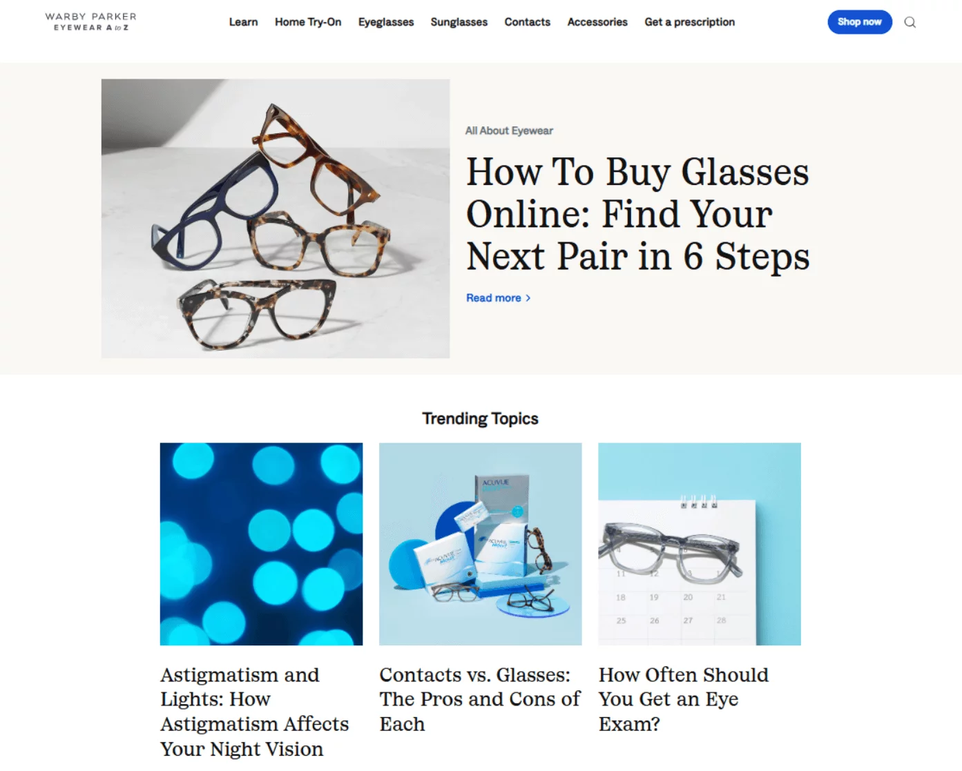 Warby Parker's content hub with a featured article titled "How to Buy Glasses Online: Find Your Next Pair in 6 Steps," with eyewear images.