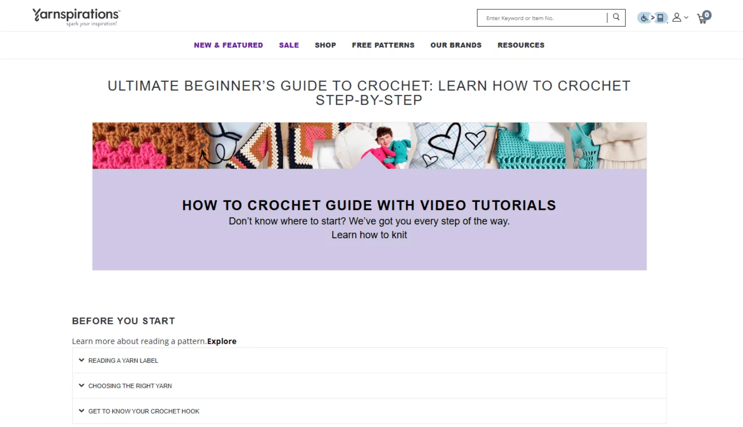 A Yarnspirations webpage featuring a beginner’s guide to crochet with video tutorials, step-by-step instructions, and tips on yarn selection.