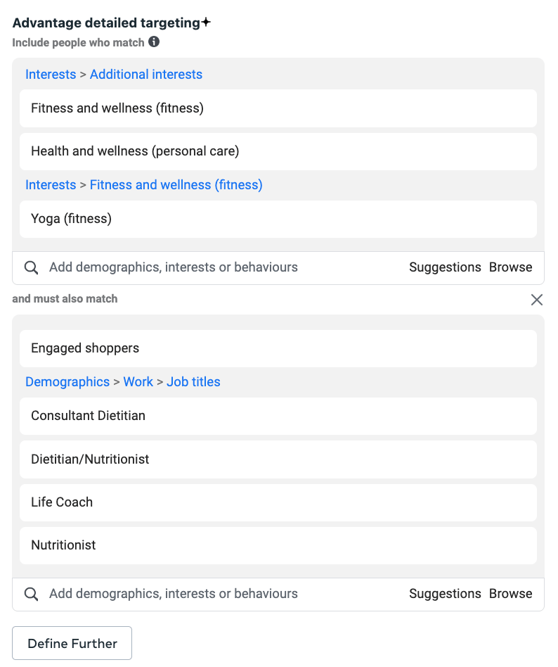 Facebook Ads detailed targeting settings for fitness and wellness, including job titles like dietitian and life coach.