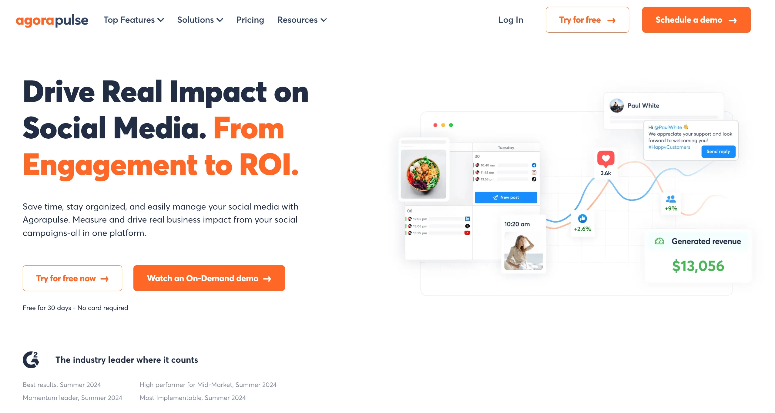 AgoraPulse homepage with a headline: Drive Real Impact on Social Media. From Engagement to ROI. and 2 CTA buttons: Try free & Demo
