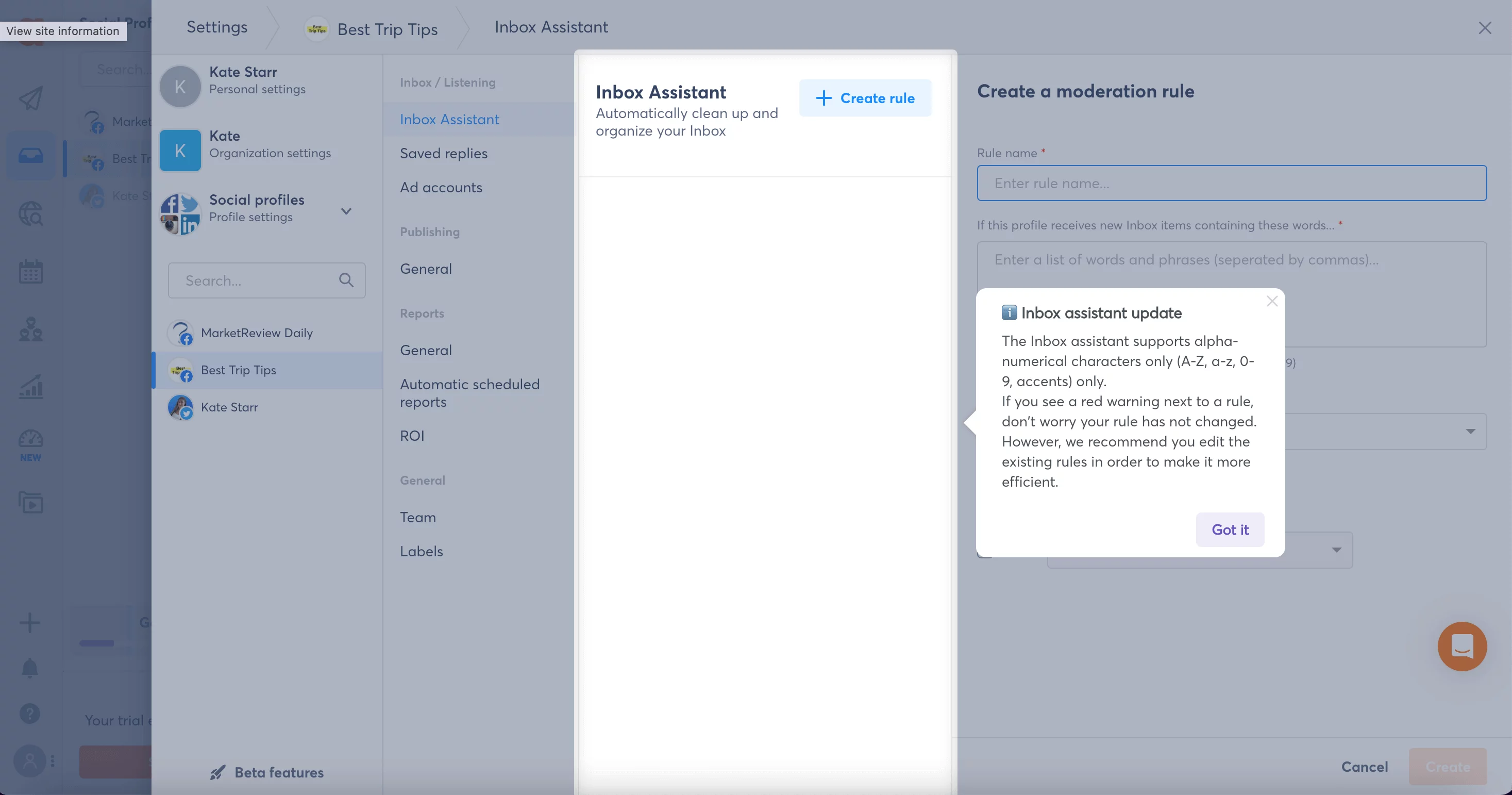Agorapulse dashboard settings showing an Inbox assistant feature with the Create rule button.
