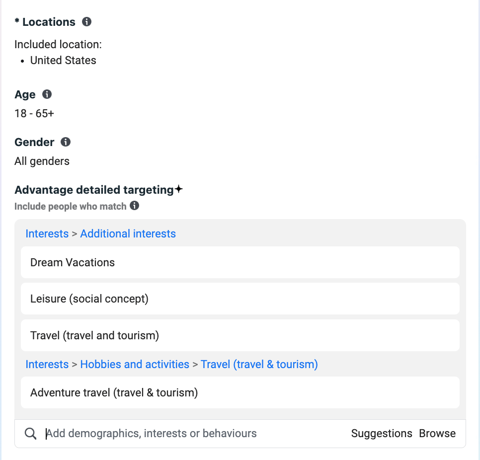 Facebook Ads targeting settings for a travel campaign in the U.S., targeting all genders aged 18-65+ with interests in travel and vacations.