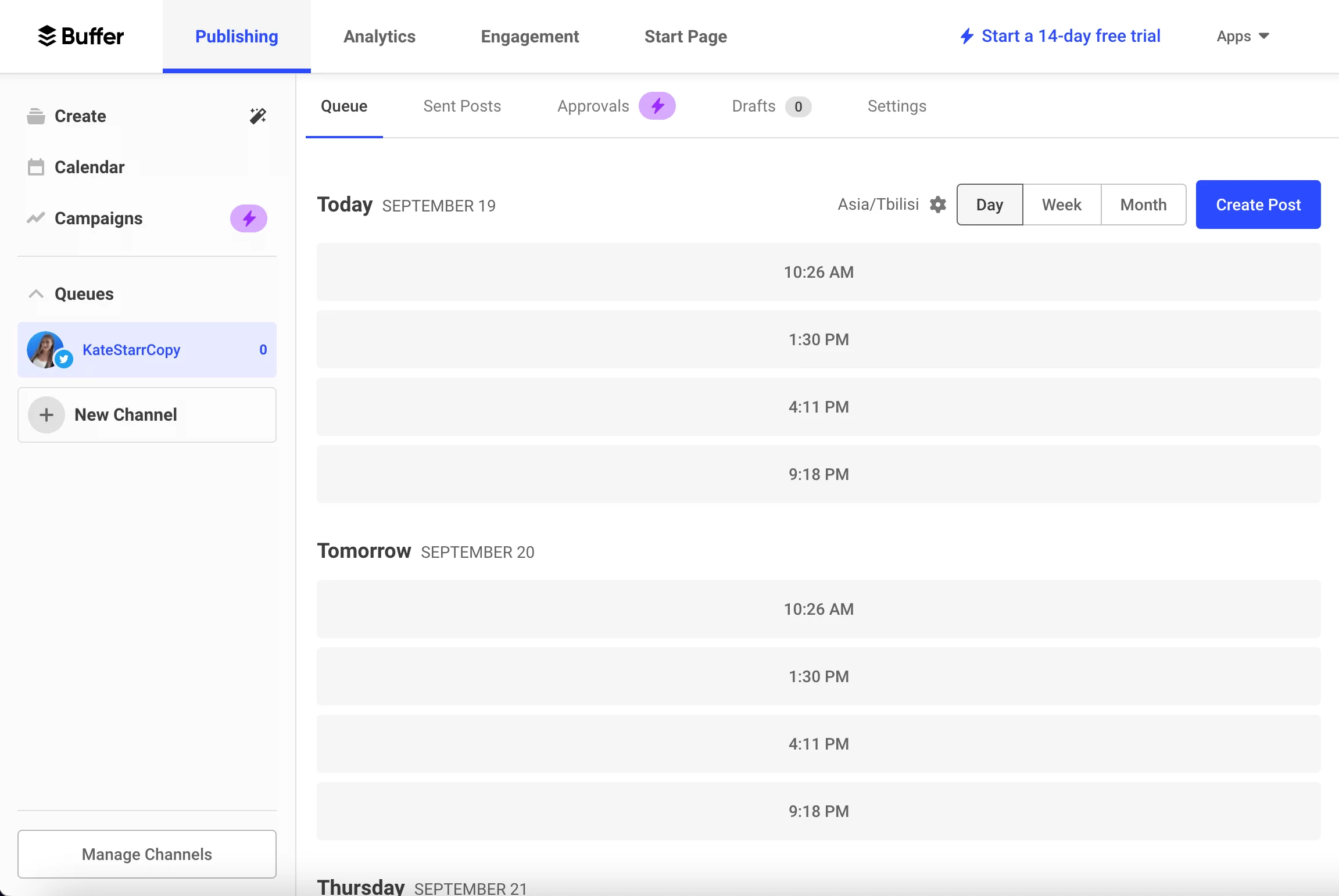 Simple Buffer Publishing schedule for a Twitter account, with multiple pre-defined daily timeslots.