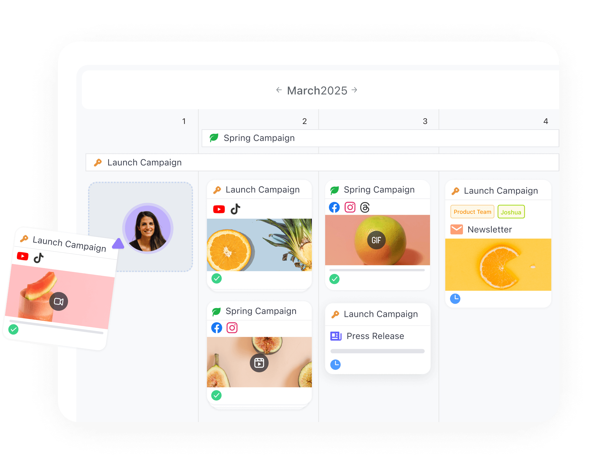 Planable's campaign calendar showing scheduled social media posts with images and labels for a product launch.