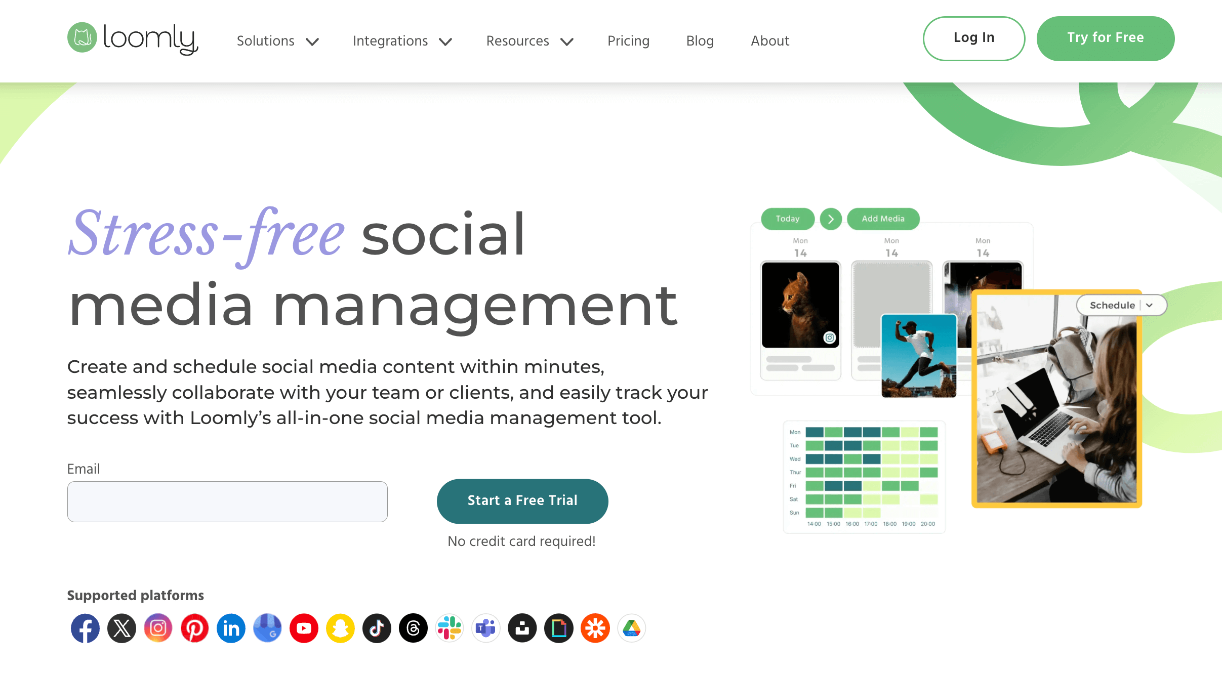 Loomly homepage promoting easy content scheduling, team collaboration, and social media calendar management.