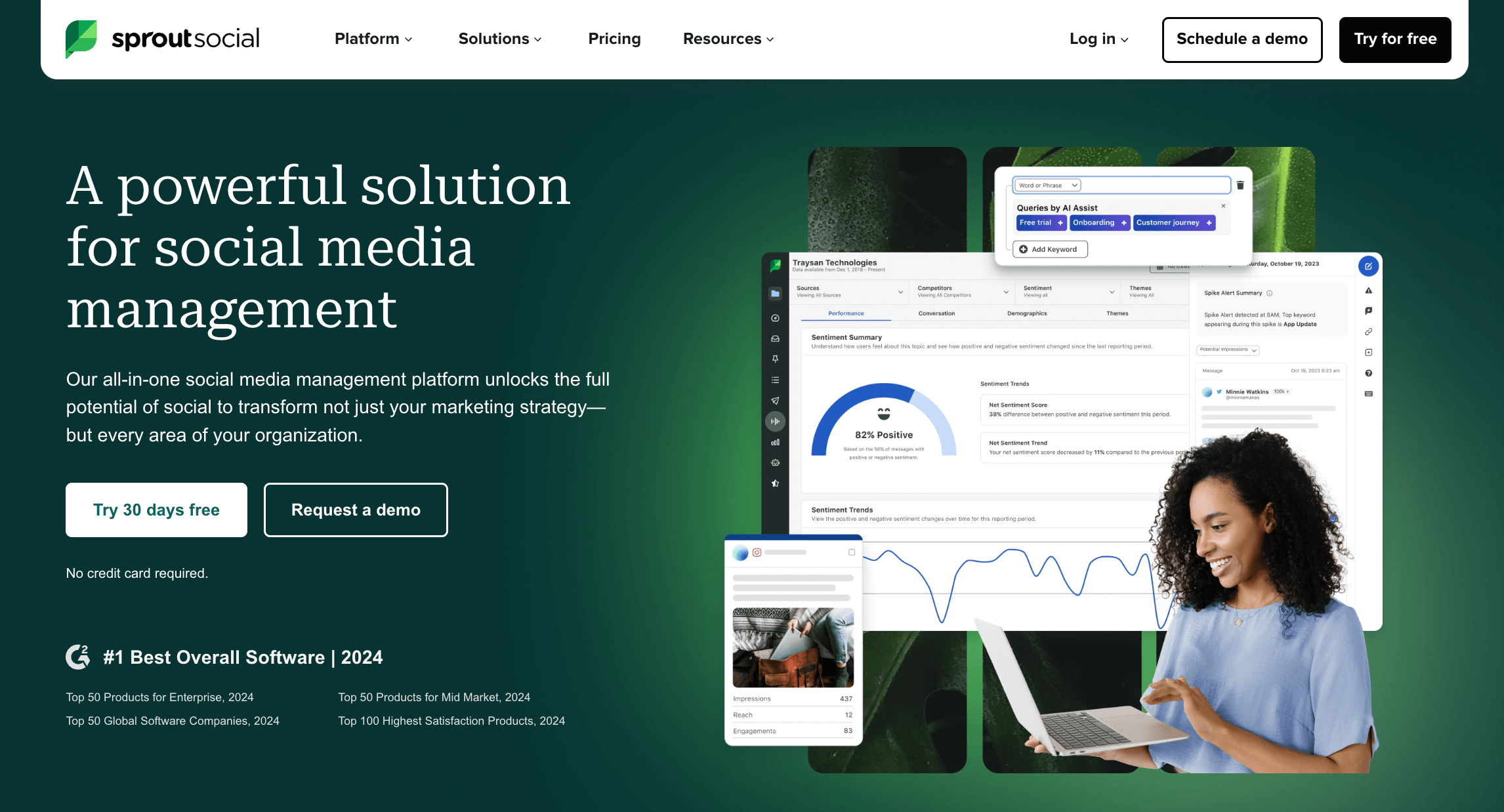 Sprout Social homepage showcasing sentiment analysis, engagement metrics, and AI-assisted keyword insights for social media.