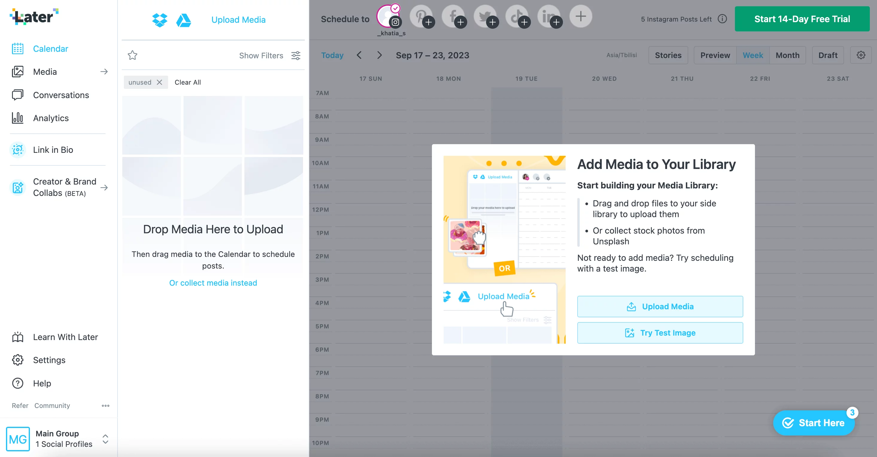 Later's Calendar dashboard with the option to Add media to library.