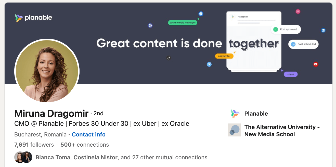 ​Screenshot of a LinkedIn post by Miruna Dragomir, showcasing content authority through engagement metrics and professional insights.