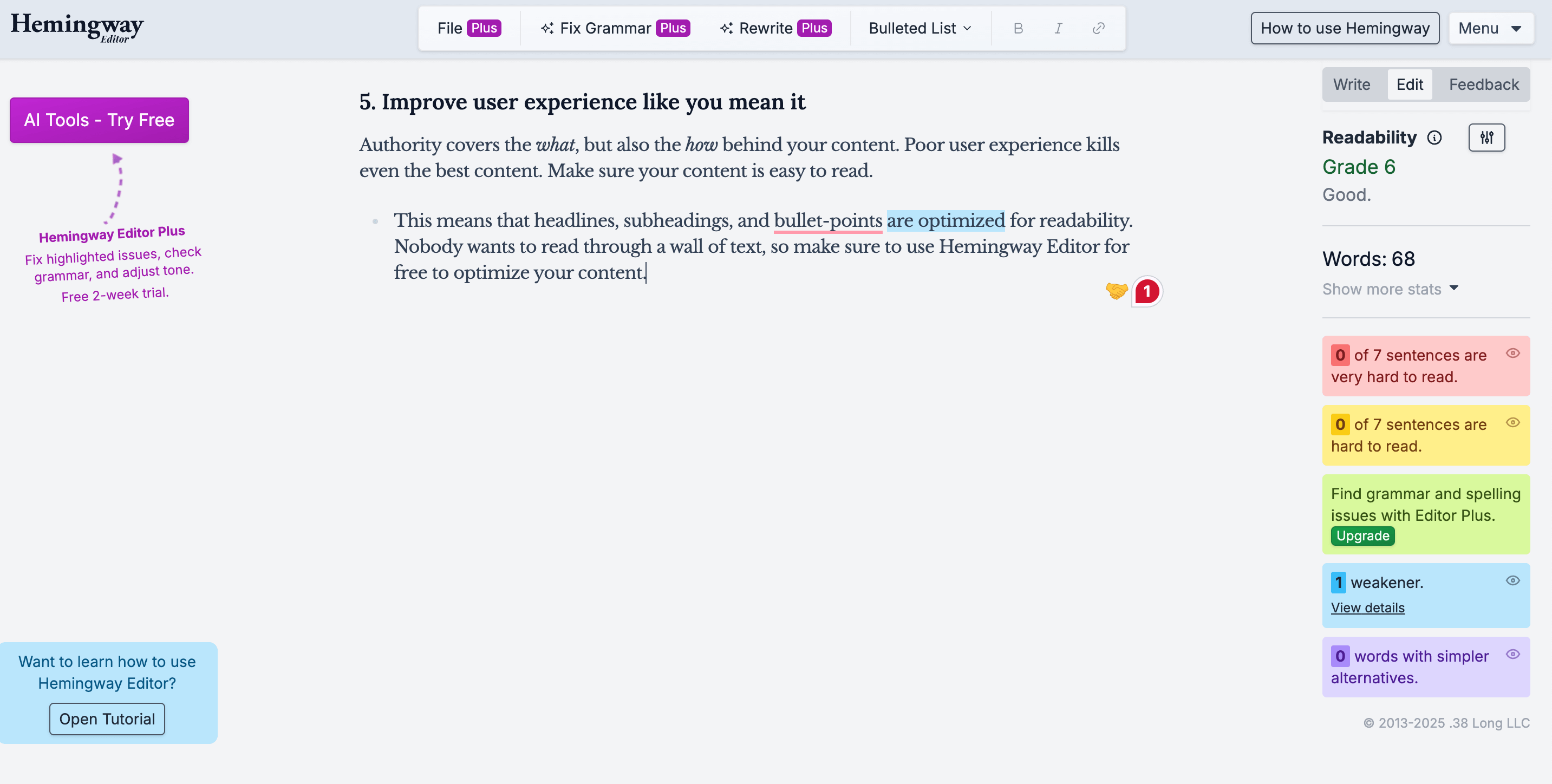 Screenshot of Hemingway Editor analyzing authority content for readability.