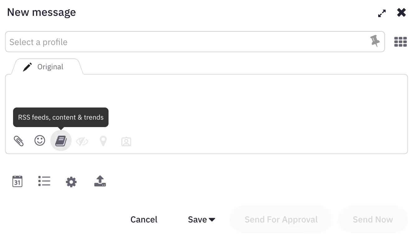 Sendible New message composer with the option to Select a profile and add content from RSS feeds, content, and trends.