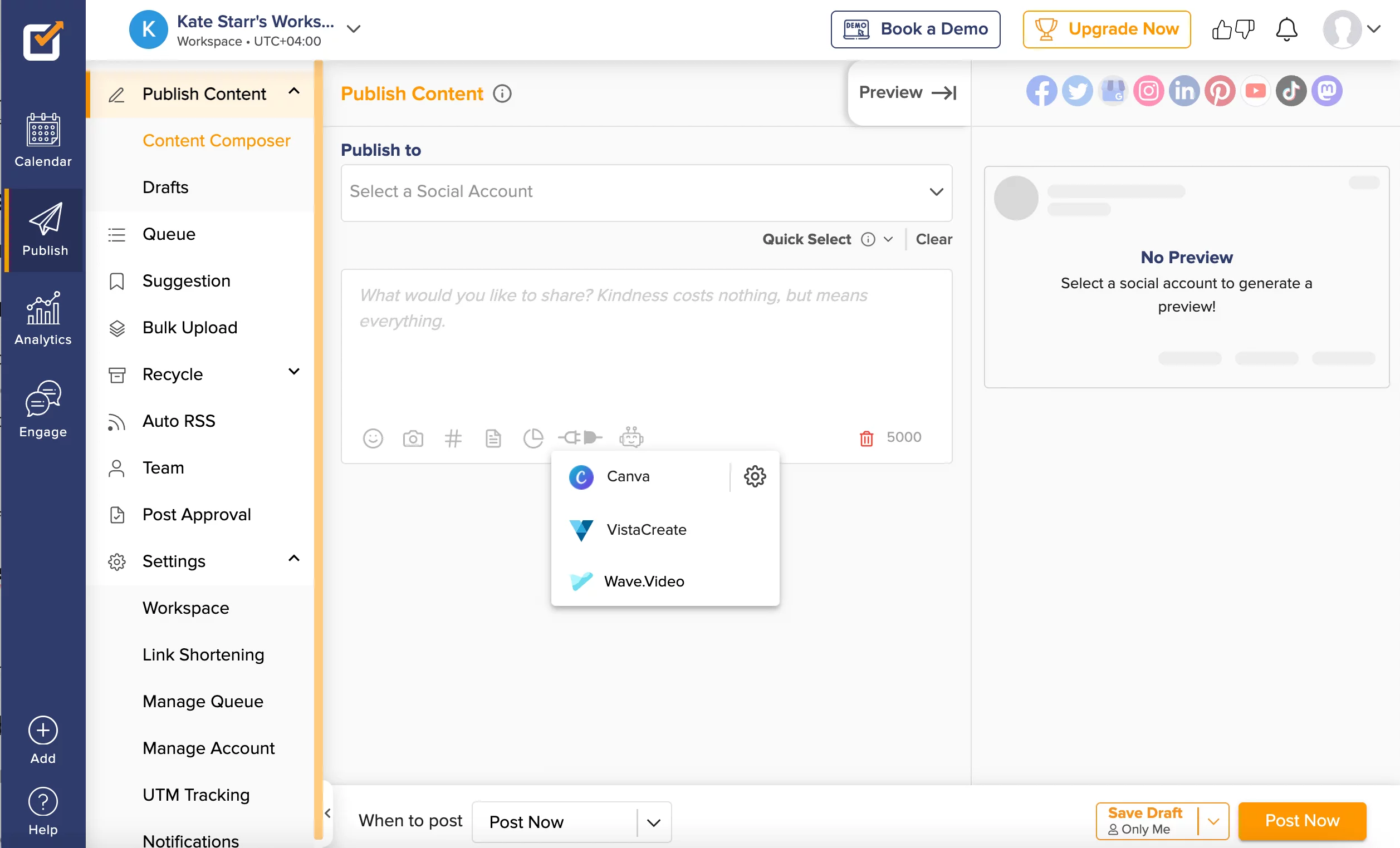 SocialChamp Publish dashboard showing options to Publish to a specific social account, and Create a new post with the help of Canva, VistaCreate, or Wave.video.