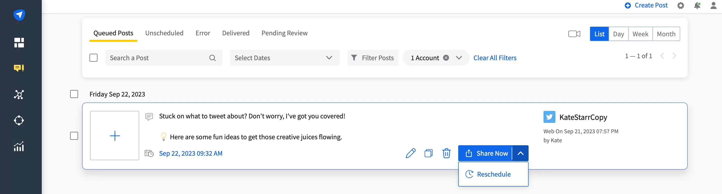 Socialpilot Queued posts section showing a Twitter post with the options to Share now or Reschedule.