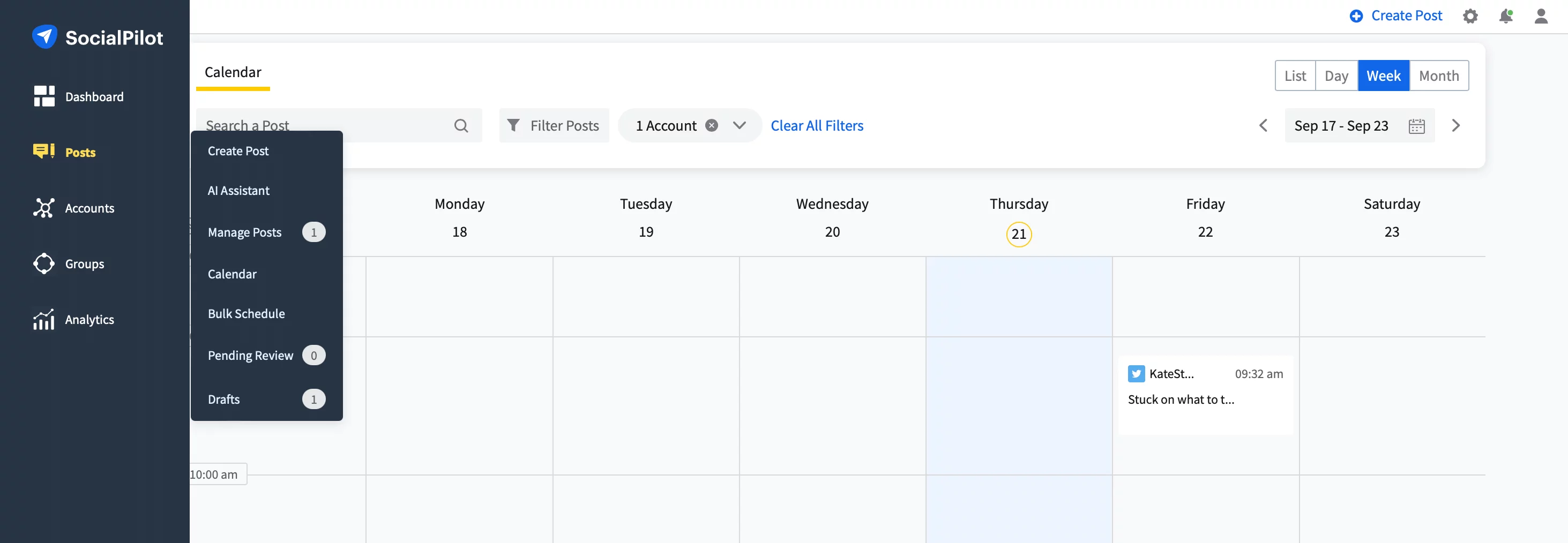 Simple calendar interface in SocialPilot showing weekly posts schedule for one account, with filter option and a vertical left-side menu for Dahboard, Posts, Accounts, Groups and Analytics.