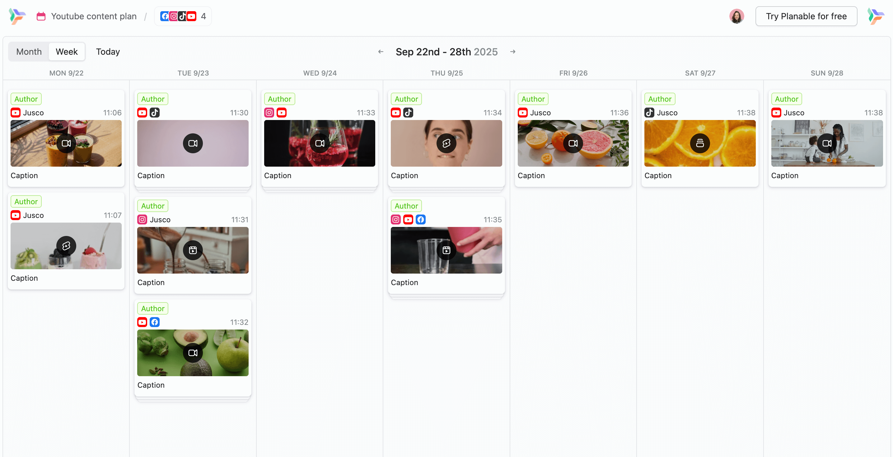 Weekly Youtube content plan in Planable from a guest view link.