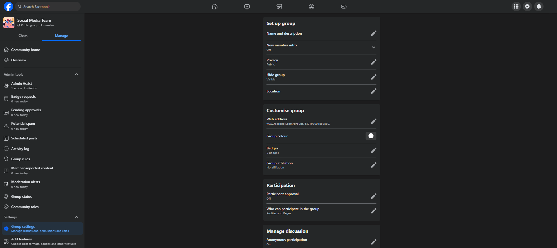 Facebook group setup panel showing group privacy as public and group visibility as visible