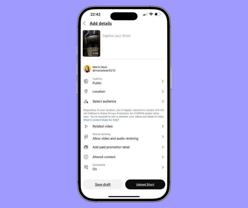 Mobile screen showing YouTube Short upload details including visibility, location, and audience settings.