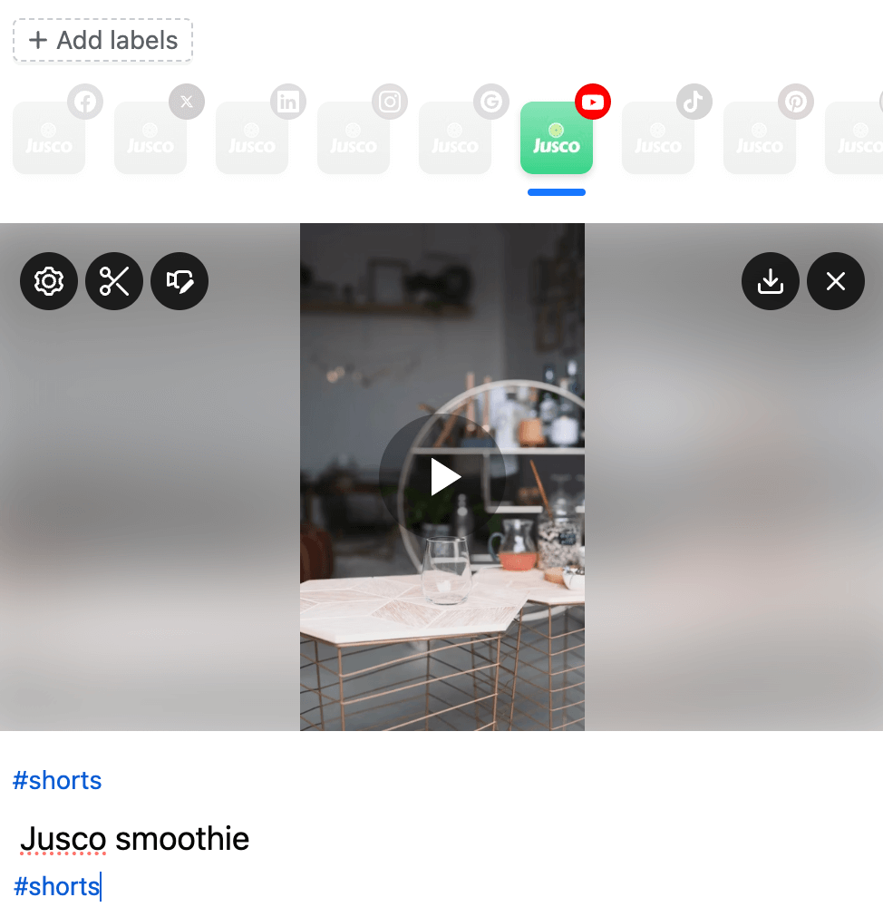Planable interface displaying a YouTube Short video draft with hashtag and caption input fields.