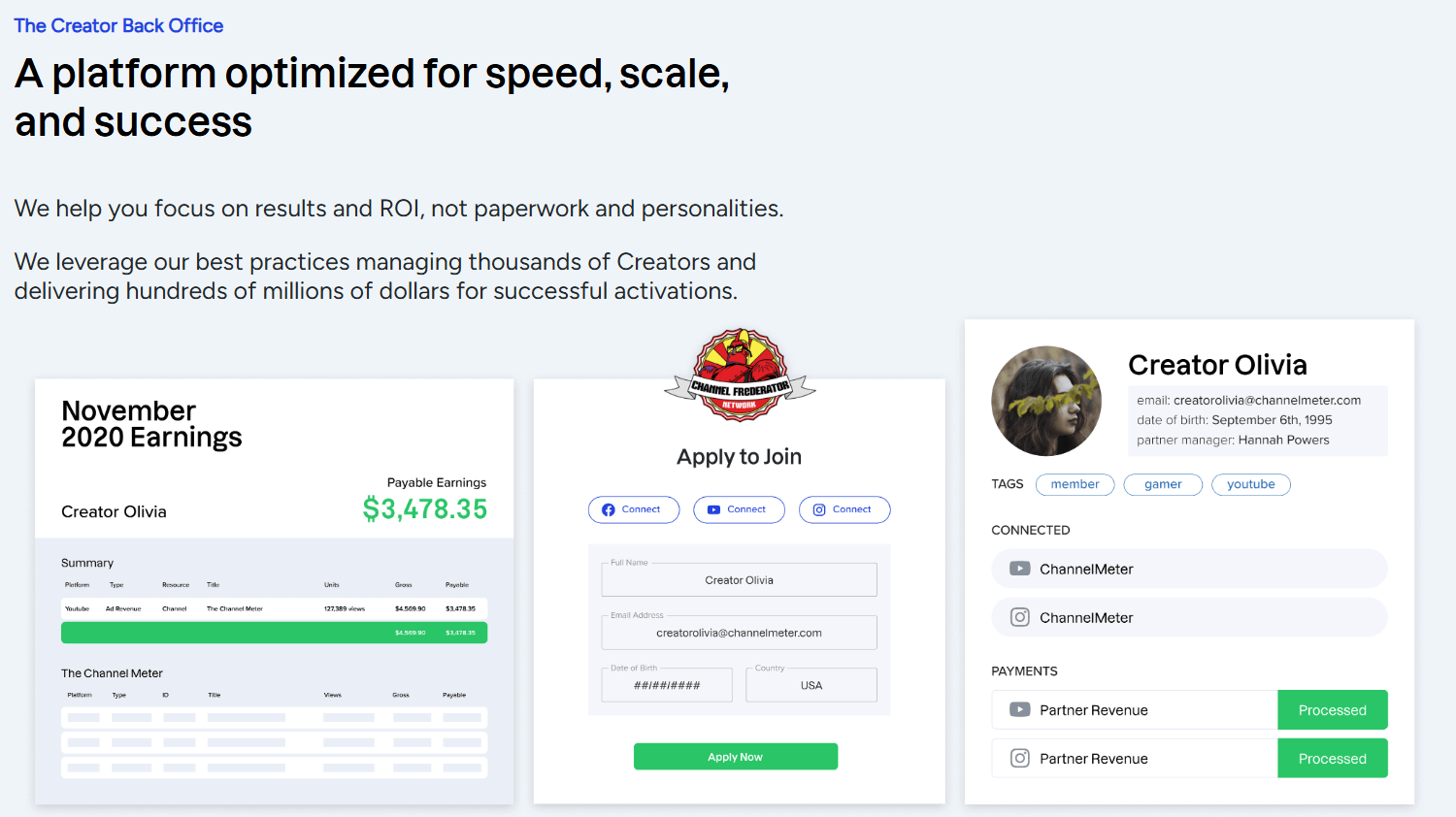 ChannelMeter dashboard with bar graphs and KPIs tracking YouTube channel growth and influencer performance.