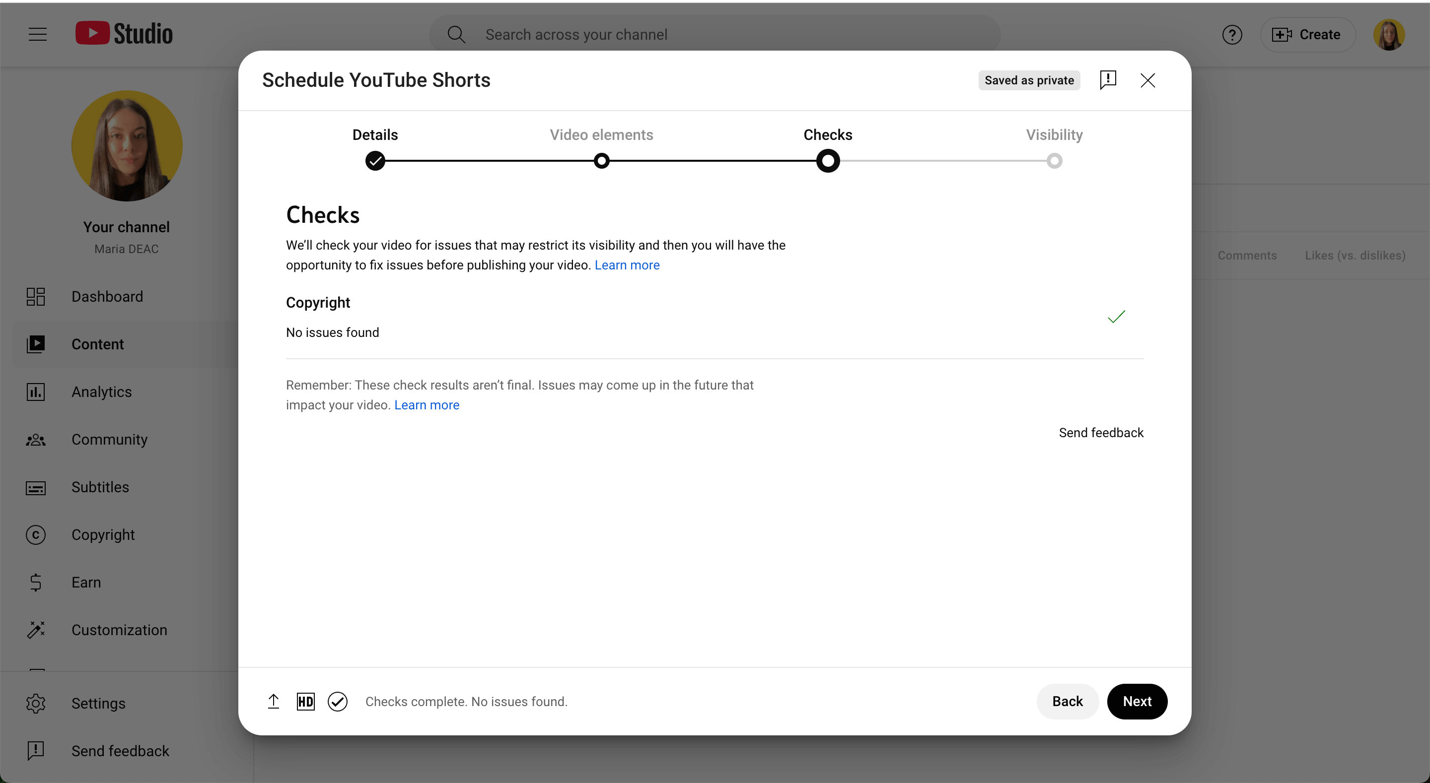 YouTube Studio screen showing copyright checks for Shorts with no issues found before publishing.
