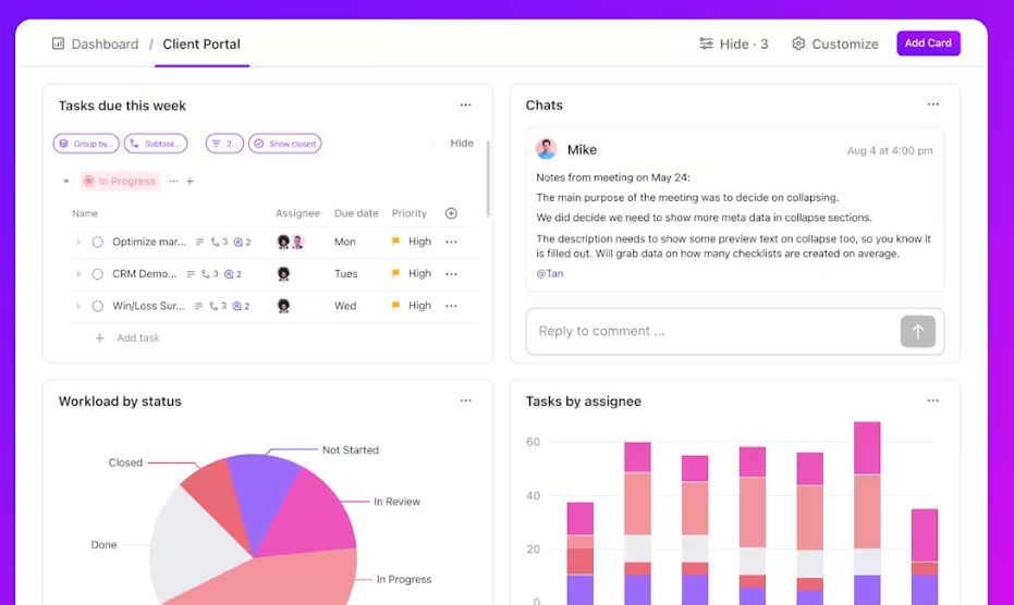 ClickUp dashboard displaying task lists, timelines, and progress charts for project management.