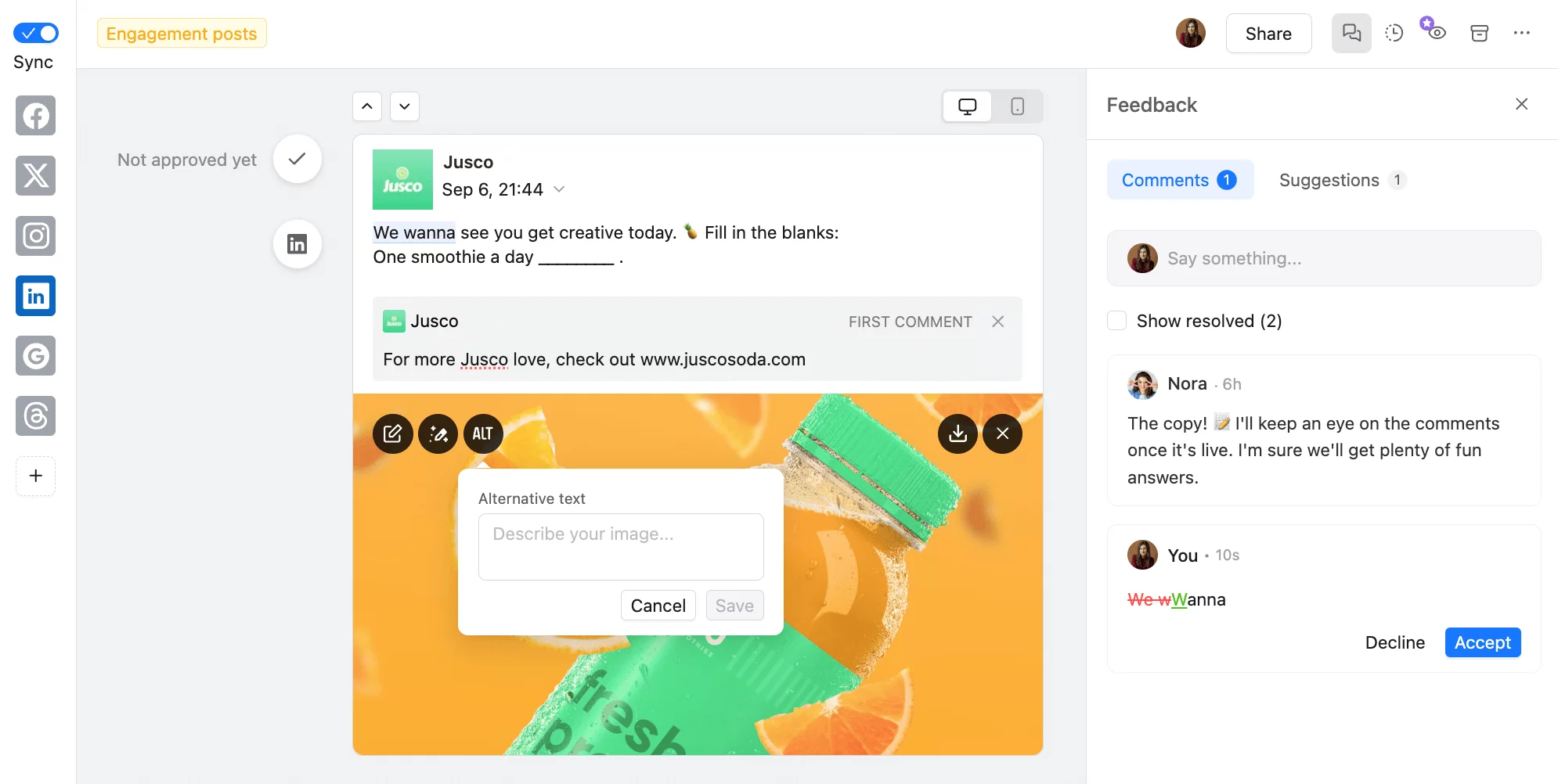 LinkedIn post draft with feedback and suggested edit in Planable