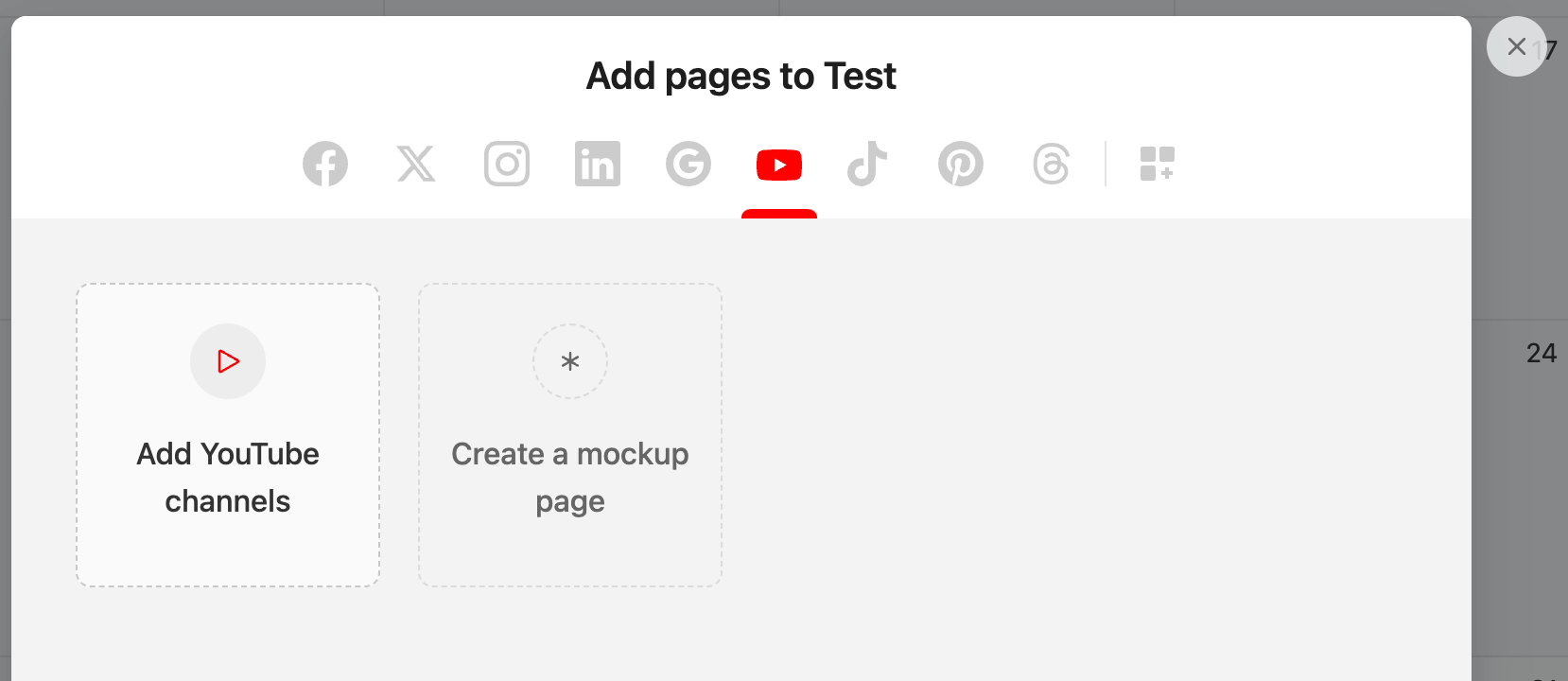 Planable platform prompt allowing users to add YouTube channels or create a mockup page.
